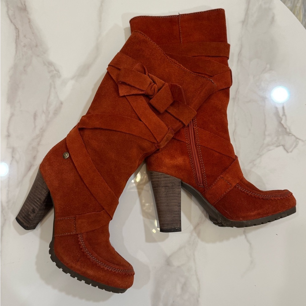 Calvin Klein Brick Burn Orange Strappy Suede Leather Heeled Boots